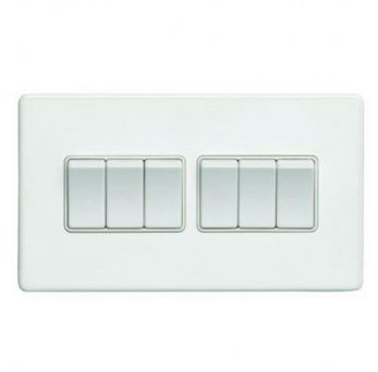 White 6 Gang Light Switch, Matching Inserts and Switches | 2 Way, 10A | Concealed 3mm range by Eurolite - ECW6SWW